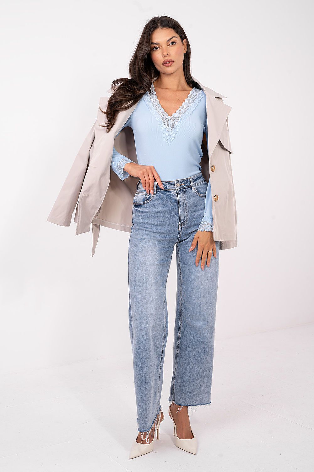 Gerippte Bluse Damen – Elegantes Langarm-Top mit Spitzendetails