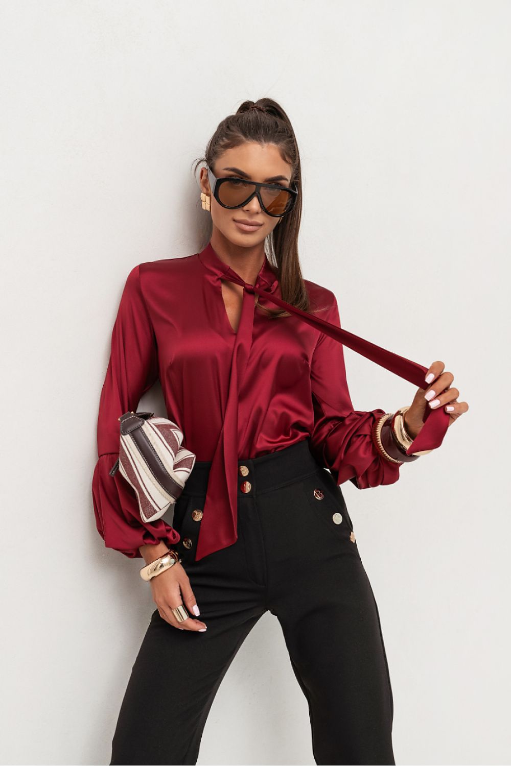 Satin Hemdbluse Damen Bordeaux - Elegante Viskose Bluse
