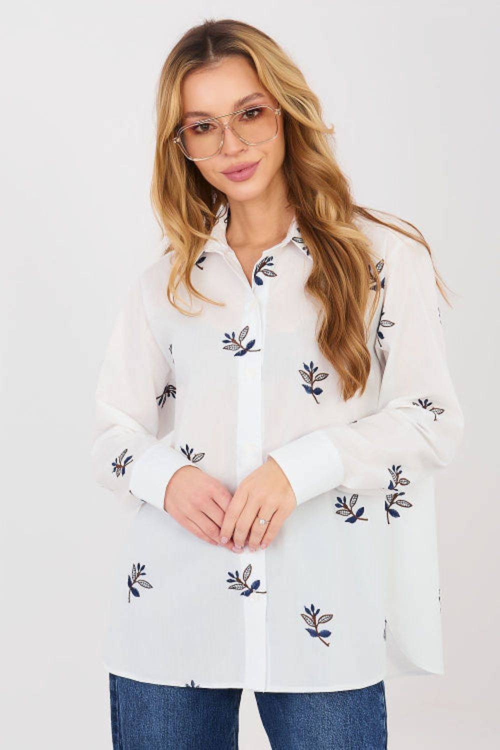 Hemdbluse Damen Baumwolle Stickerei - Klassische Bluse Langarm