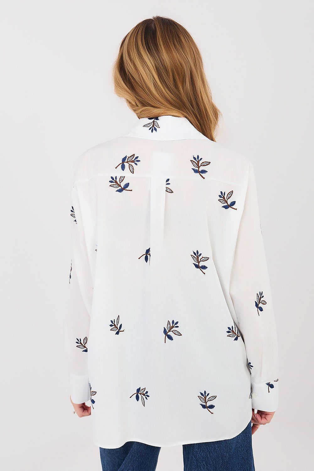 Hemdbluse Damen Baumwolle Stickerei - Klassische Bluse Langarm