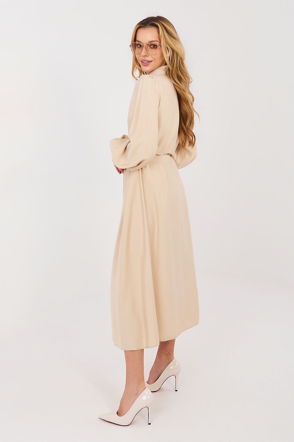 Hemdkleid Damen Midi Puffärmel - Kleid mit Gürtel