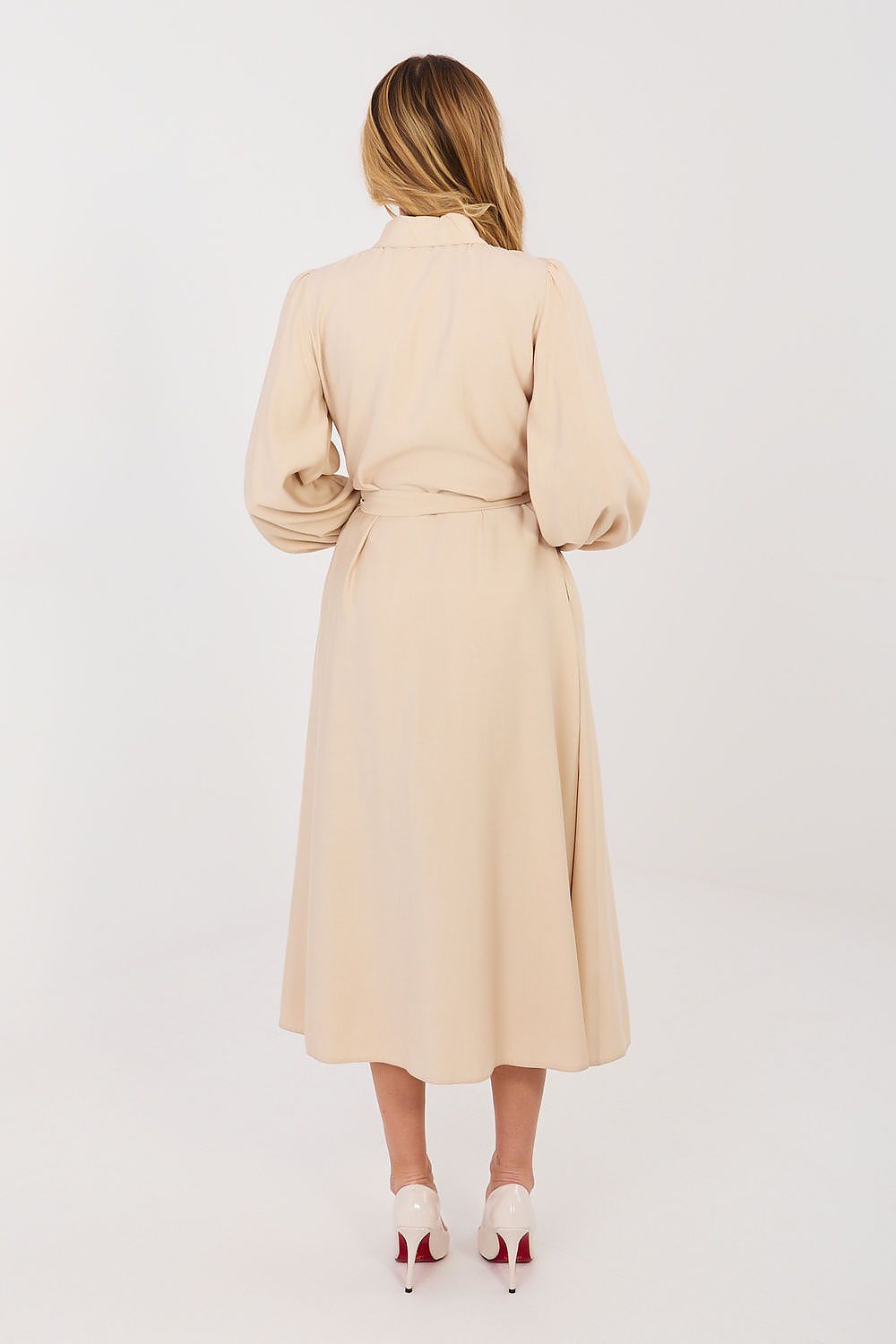 Hemdkleid Damen Midi Puffärmel - Kleid mit Gürtel