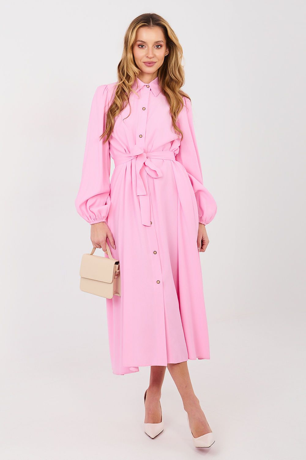 Hemdkleid Damen Midi Puffärmel - Kleid mit Gürtel