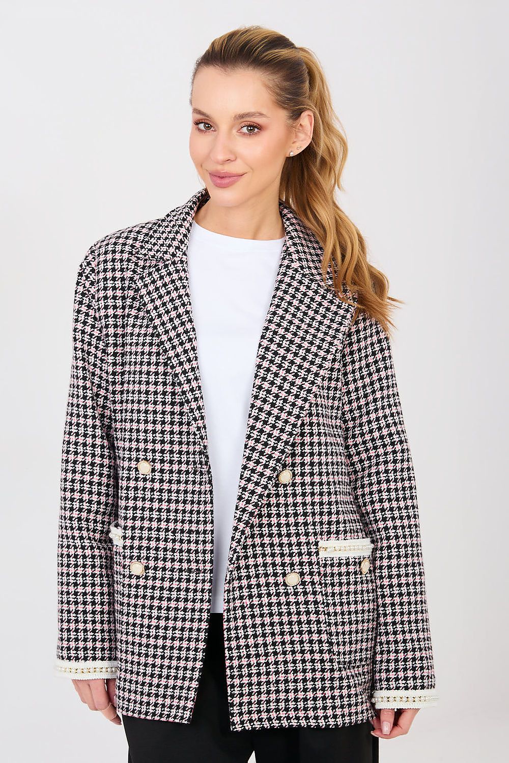 Tweed Blazer Damen Kariert Perlen - Eleganter Blazer Baumwolle
