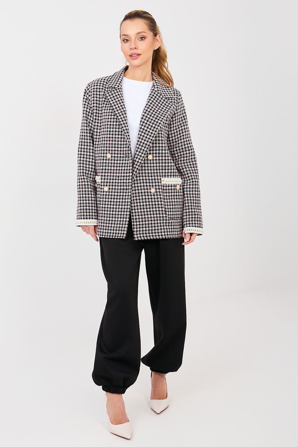 Tweed Blazer Damen Kariert Perlen - Eleganter Blazer Baumwolle