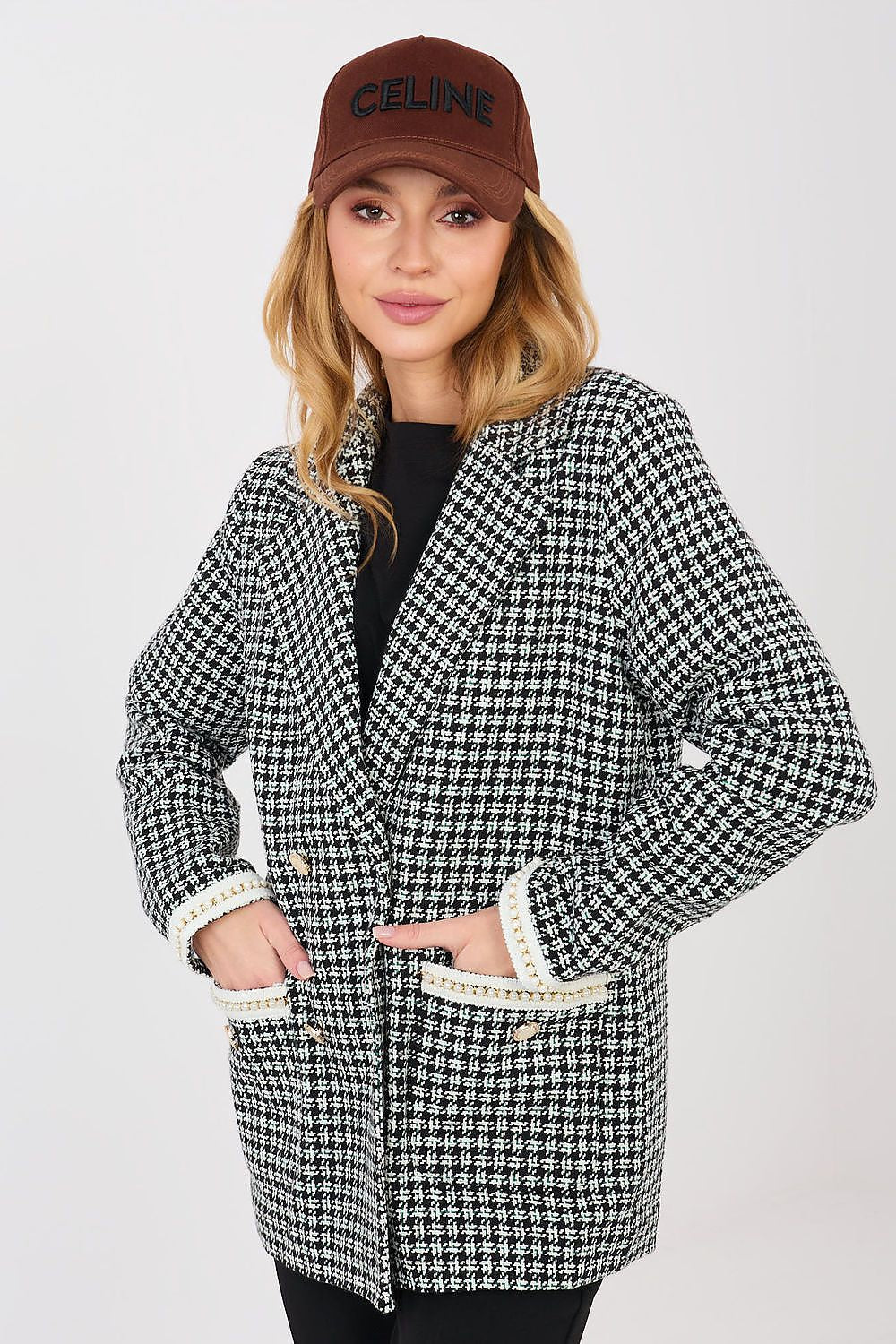 Tweed Blazer Damen Kariert Perlen - Eleganter Blazer Baumwolle