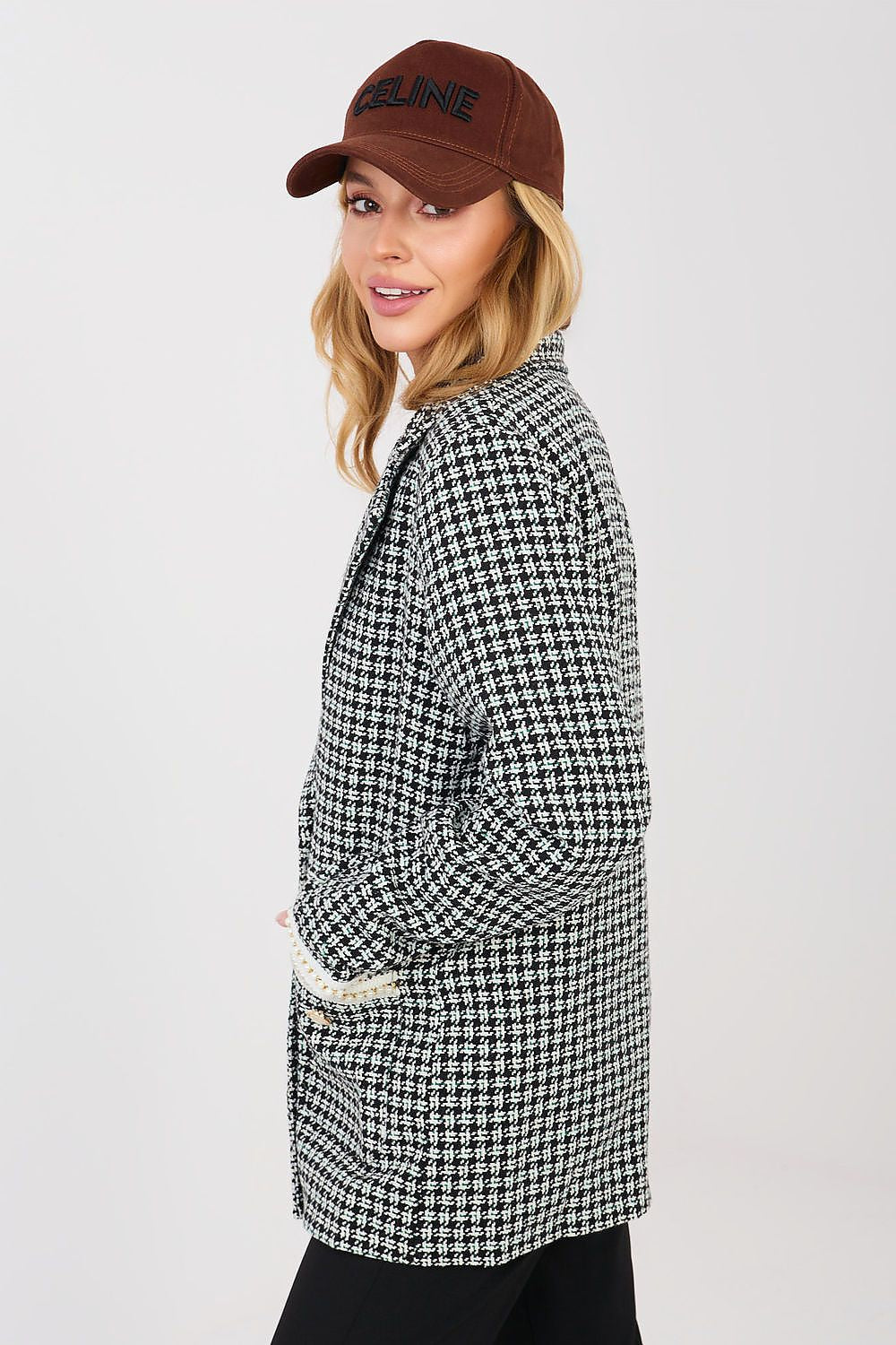 Tweed Blazer Damen Kariert Perlen - Eleganter Blazer Baumwolle
