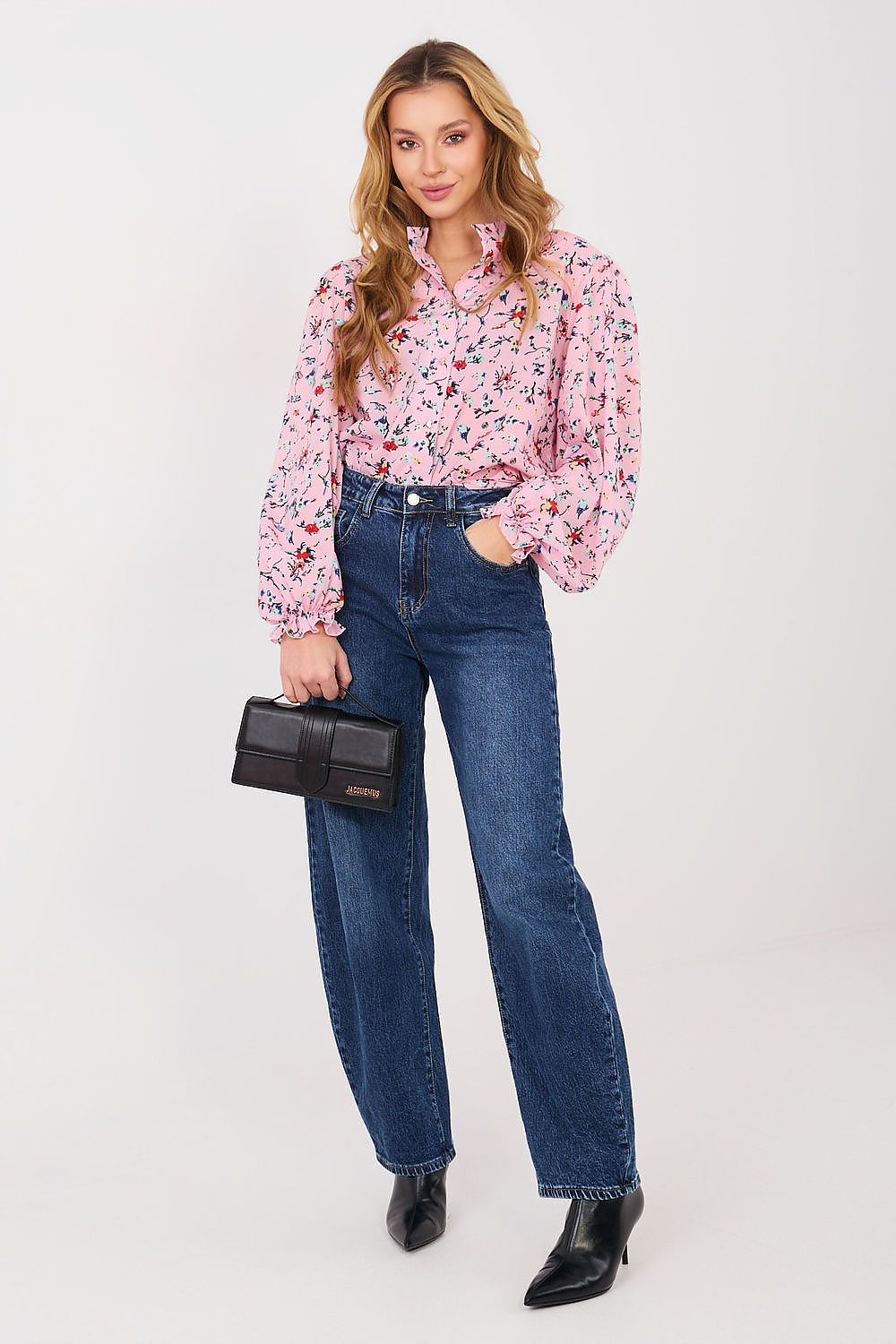 Bluse Damen Puffärmel Blumenmuster - Elegante Hemdbluse Stehkragen