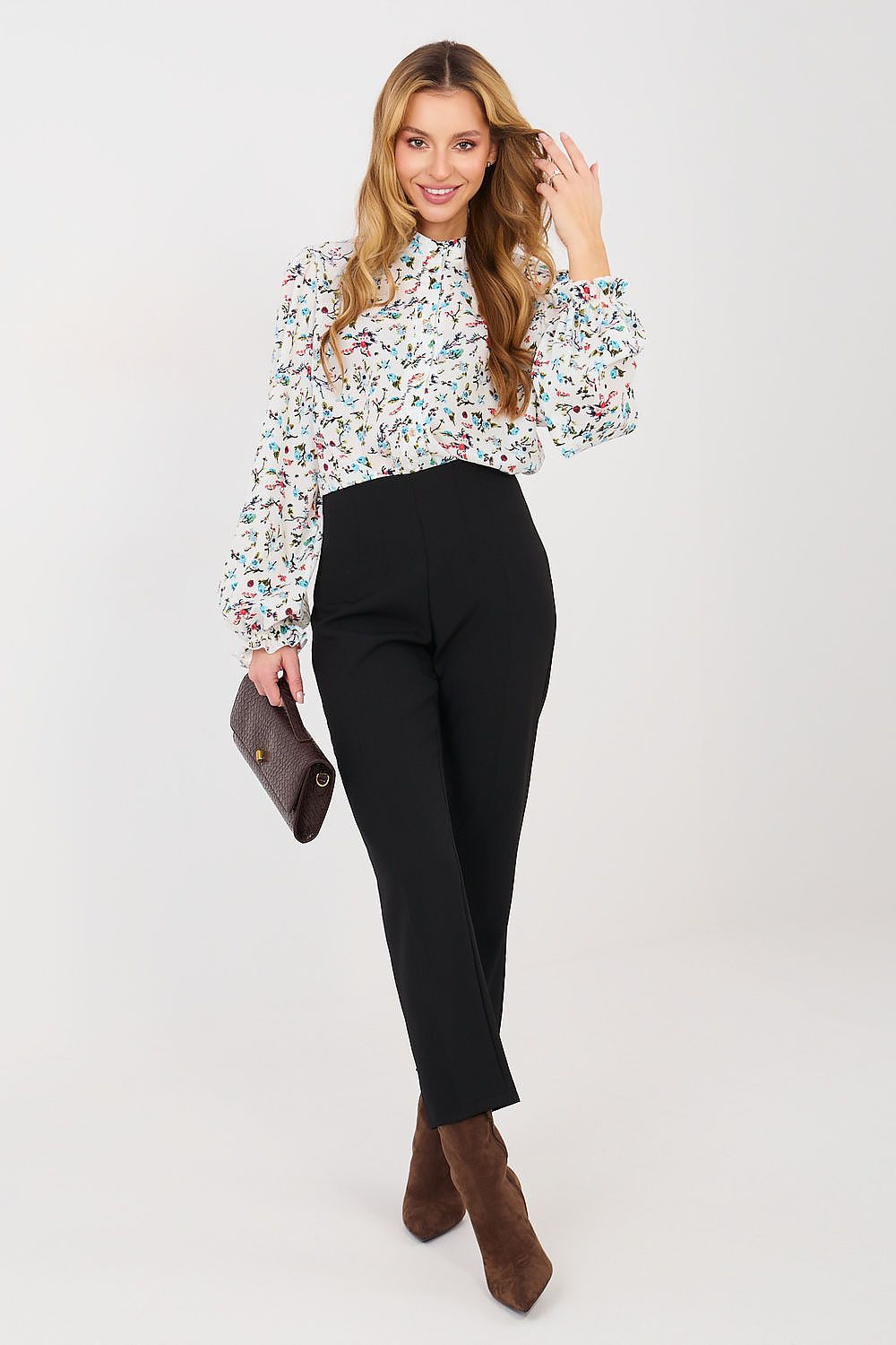 Bluse Damen Puffärmel Blumenmuster - Elegante Hemdbluse Stehkragen