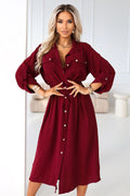 Hemdkleid Damen Midi Viskose Kragen Bindegürtel Elegant