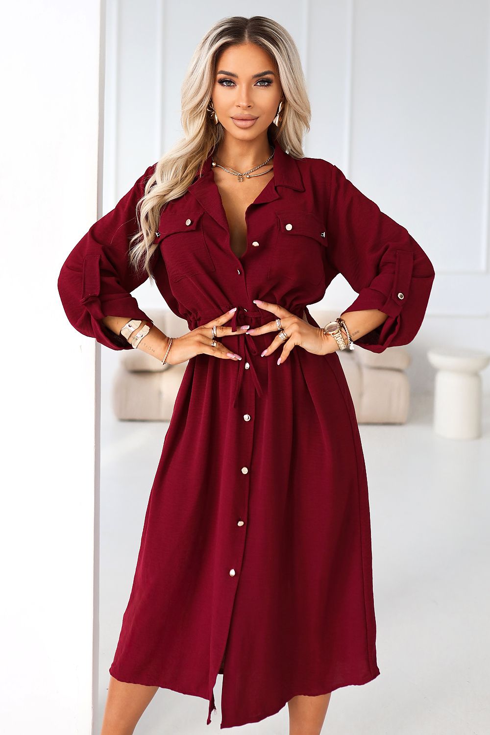 Hemdkleid Damen Midi Viskose Kragen Bindegürtel Elegant