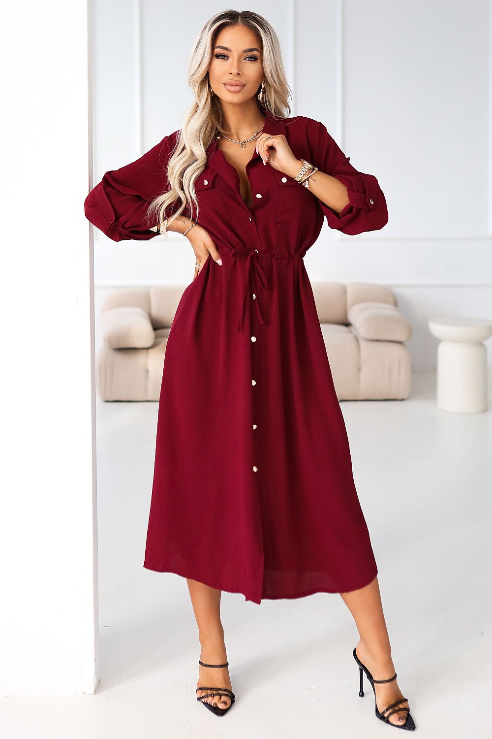 Hemdkleid Damen Midi Viskose Kragen Bindegürtel Elegant