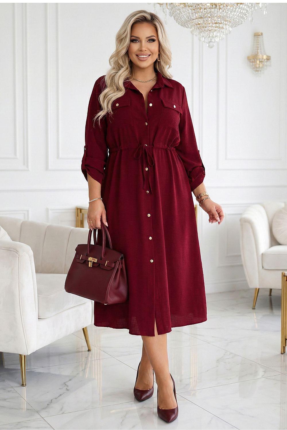 Hemdkleid Damen Midi Viskose Kragen Bindegürtel Elegant