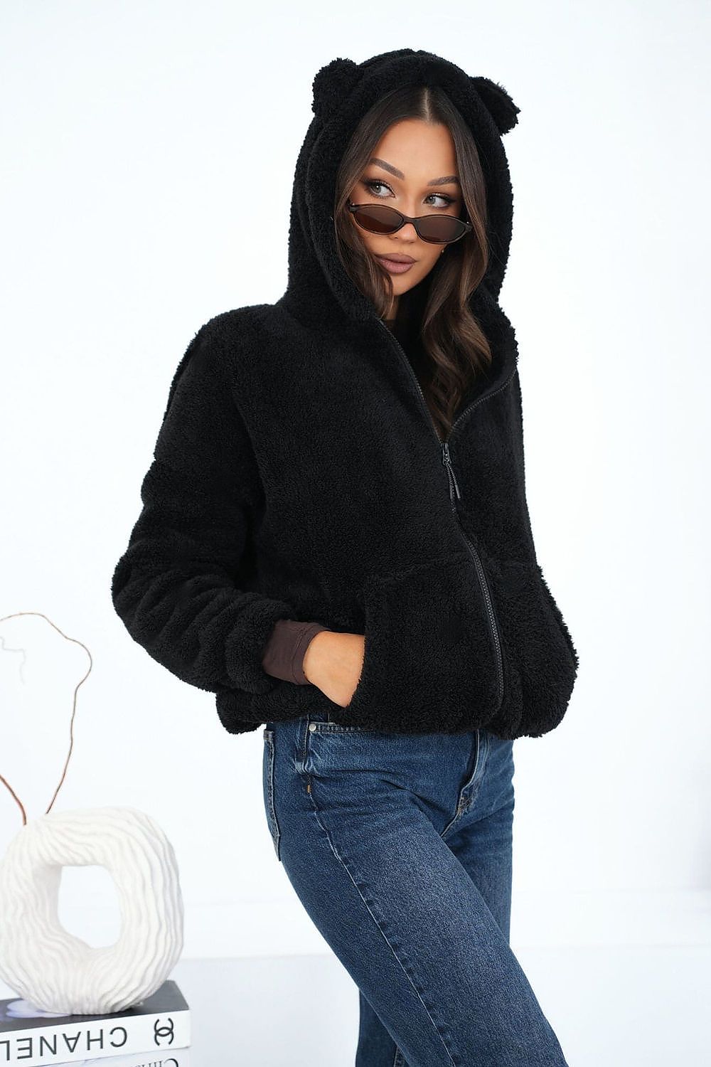 Teddy Hoodie Damen Reißverschluss Ohren Kapuze