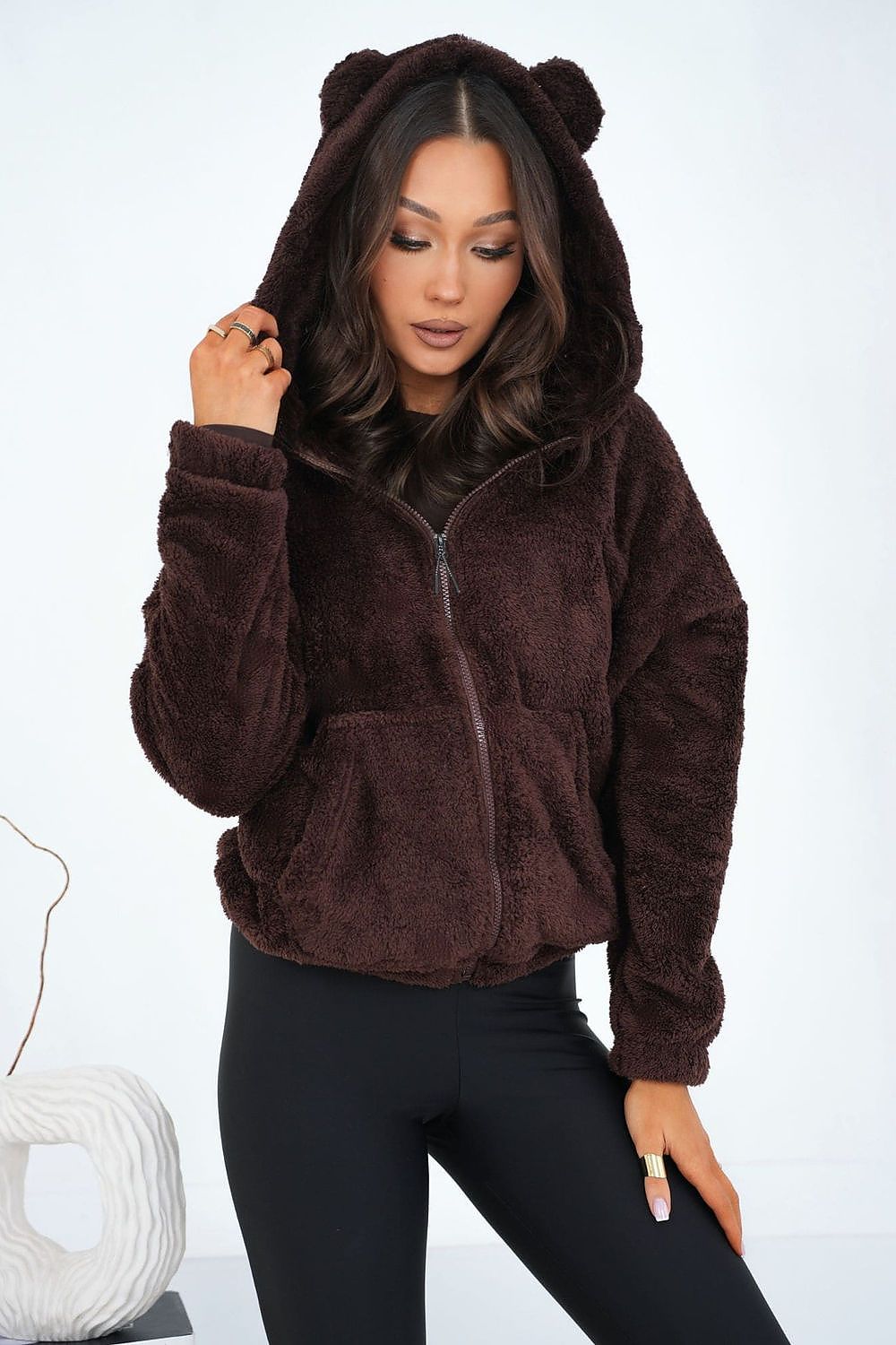 Teddy Hoodie Damen Reißverschluss Ohren Kapuze