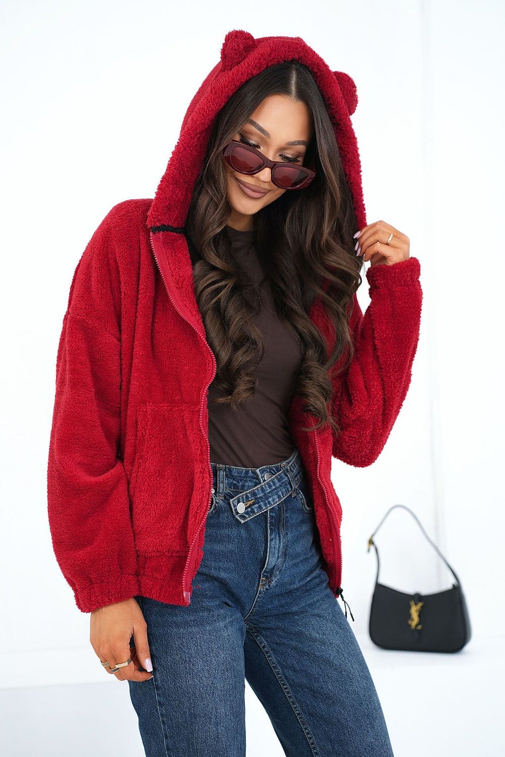 Teddy Hoodie Damen Reißverschluss Ohren Kapuze