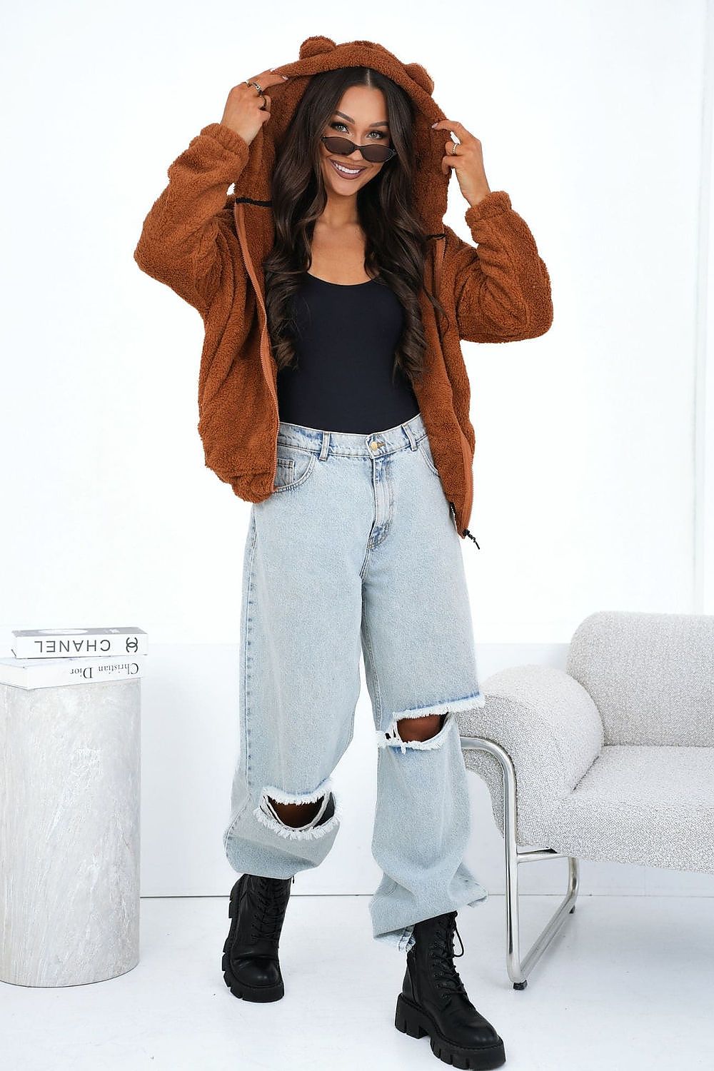 Teddy Hoodie Damen Reißverschluss Ohren Kapuze