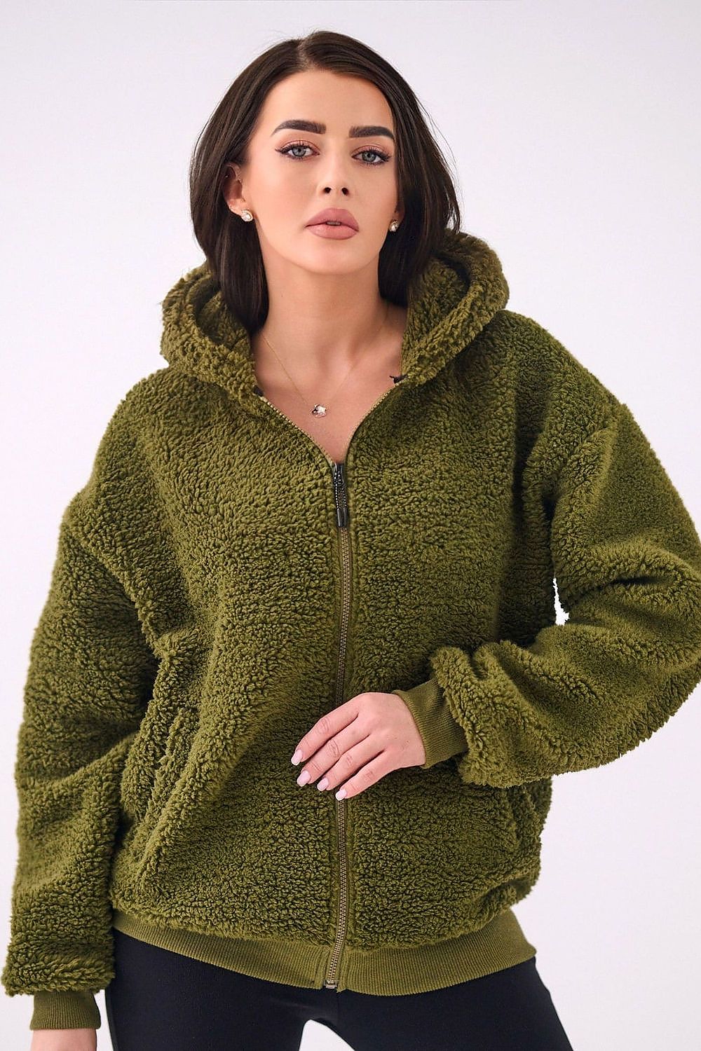 Lammfell Hoodie Damen Reißverschluss Kapuze Polyester