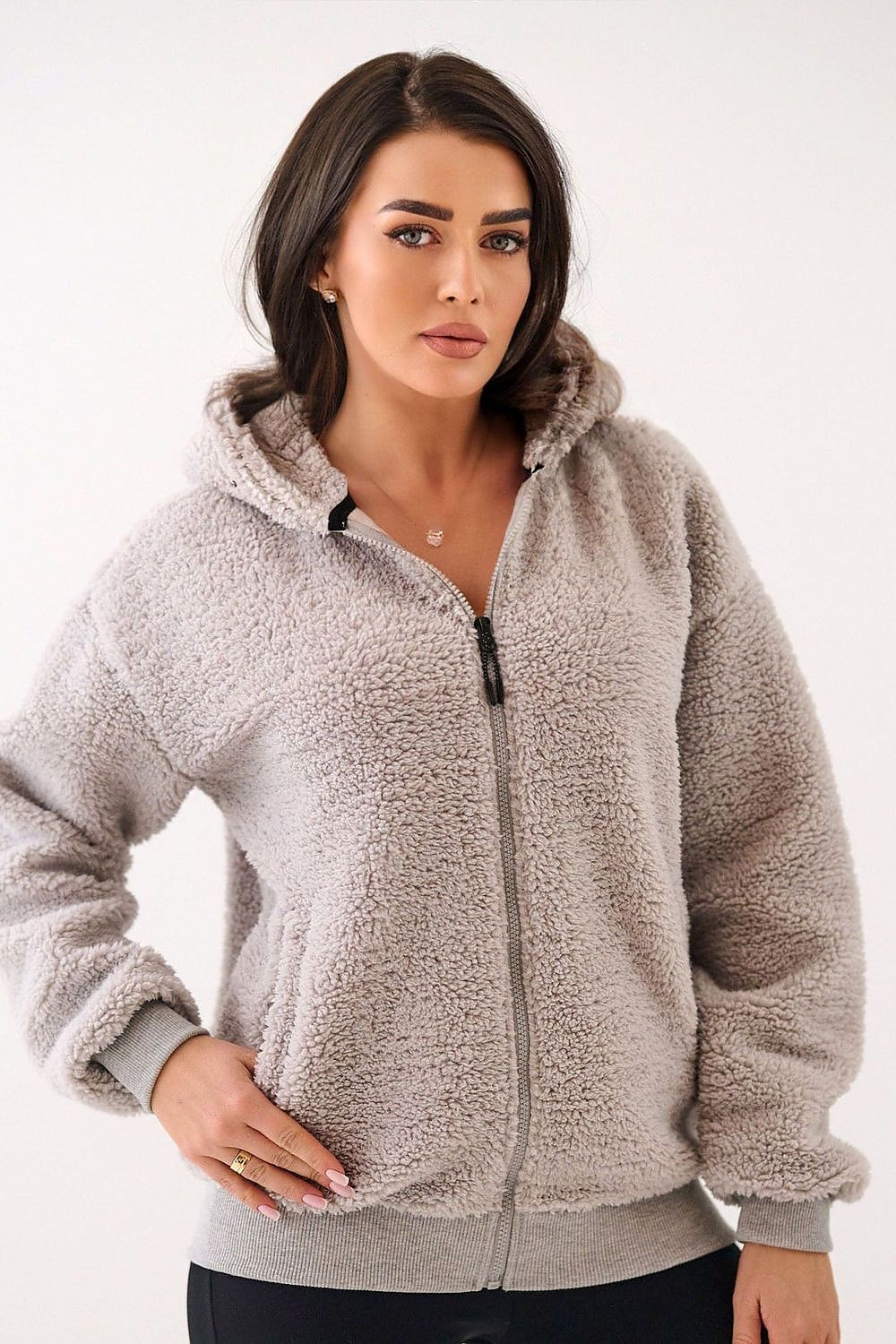 Lammfell Hoodie Damen Reißverschluss Kapuze Polyester