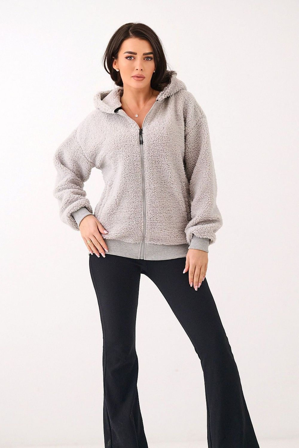 Lammfell Hoodie Damen Reißverschluss Kapuze Polyester