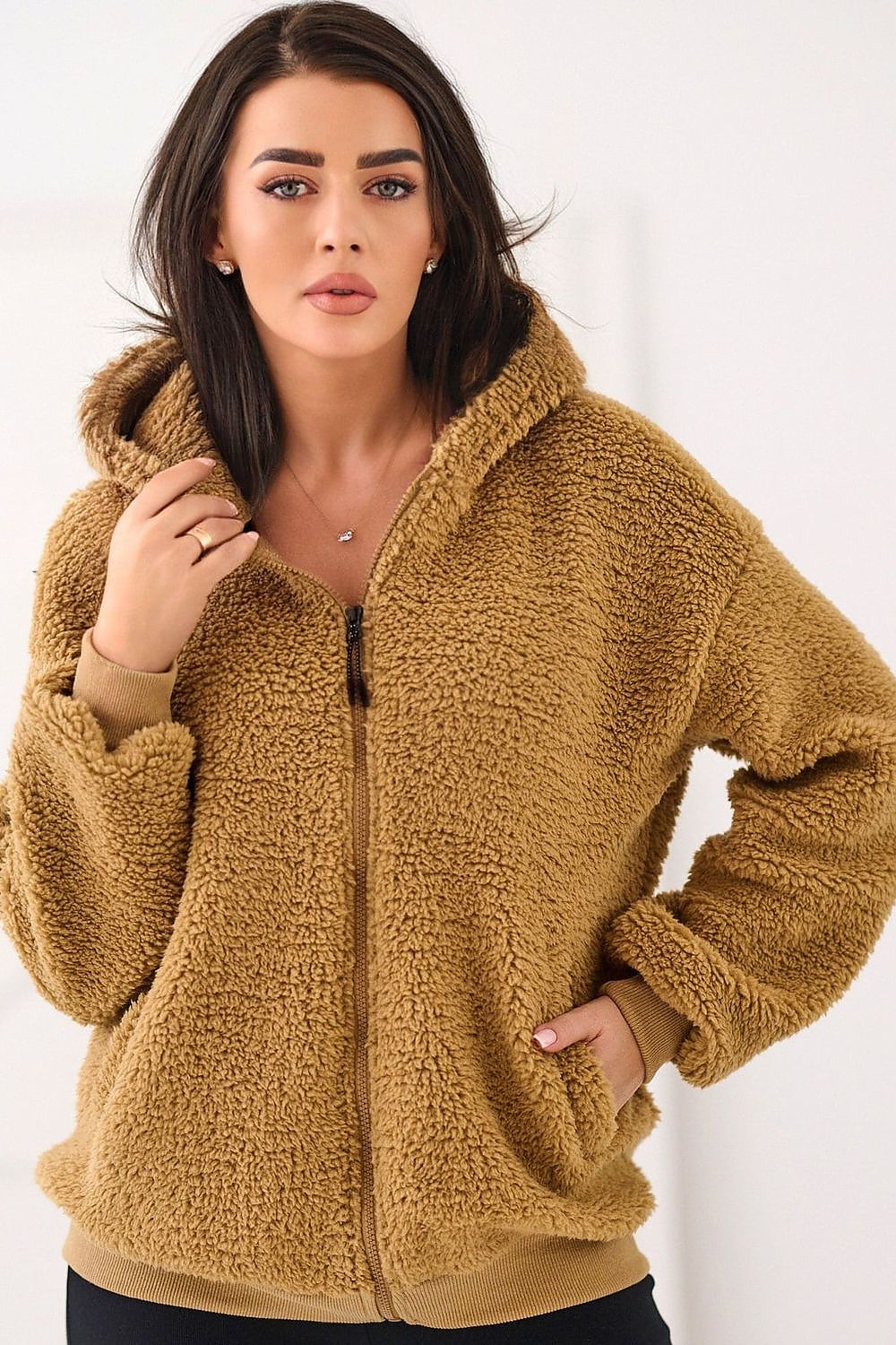 Lammfell Hoodie Damen Reißverschluss Kapuze Polyester