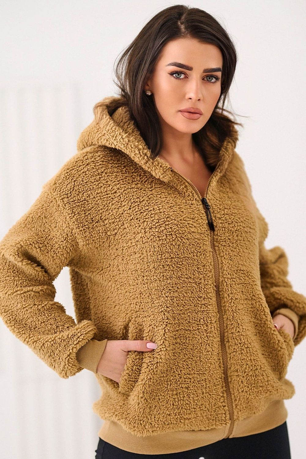 Lammfell Hoodie Damen Reißverschluss Kapuze Polyester
