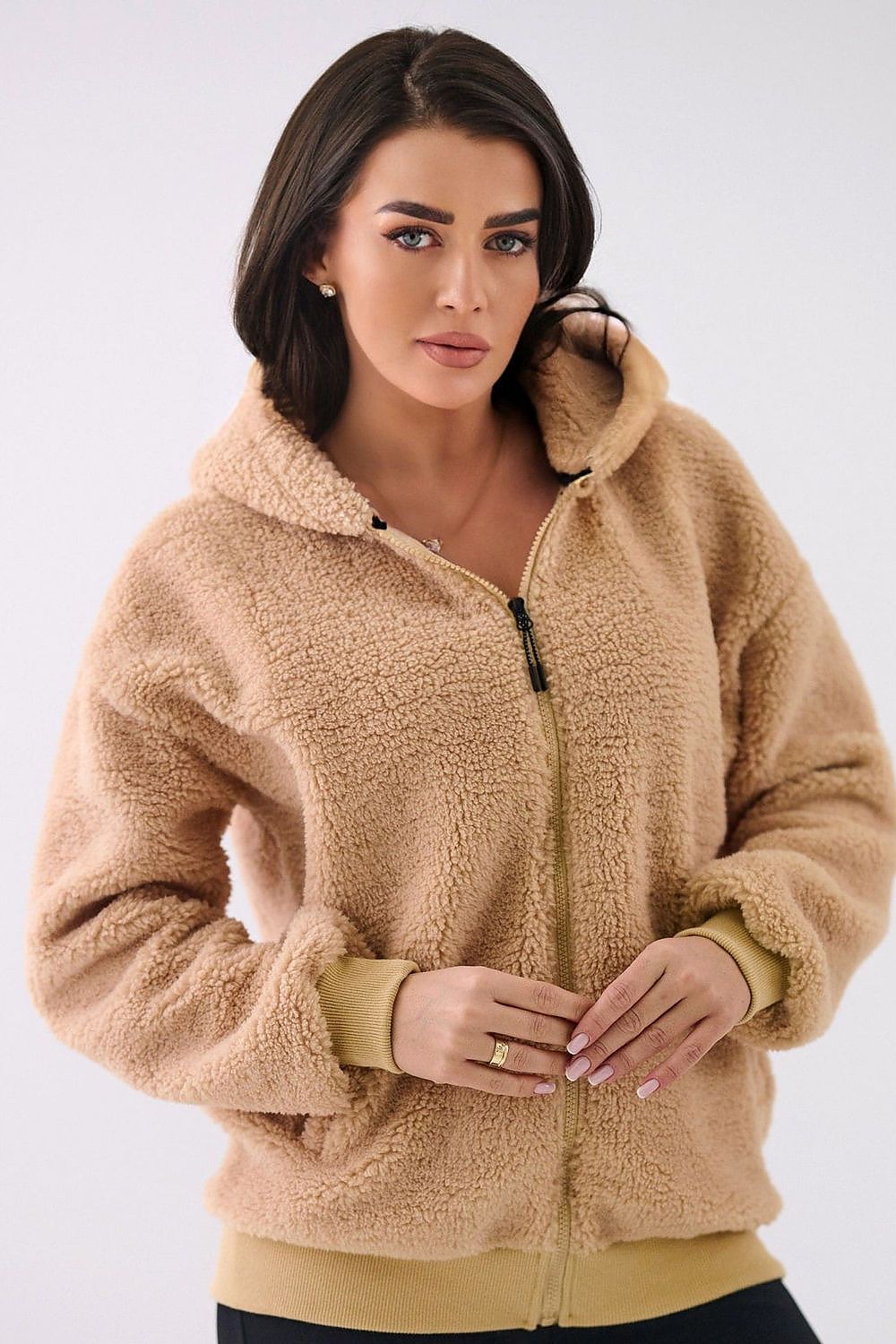 Lammfell Hoodie Damen Reißverschluss Kapuze Polyester