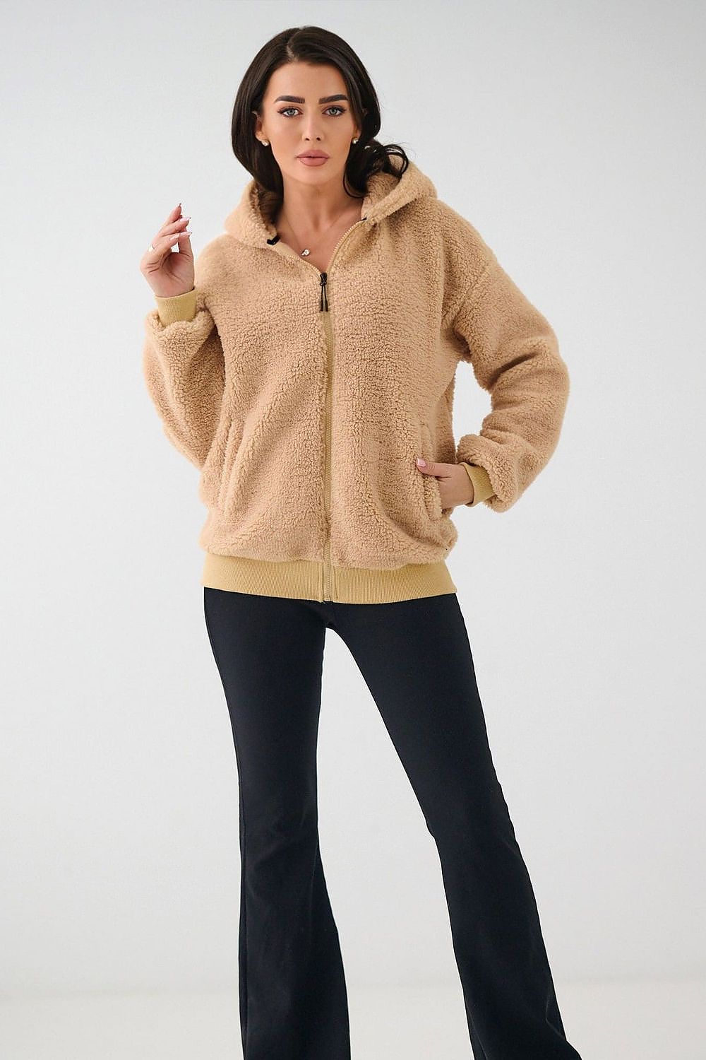 Lammfell Hoodie Damen Reißverschluss Kapuze Polyester