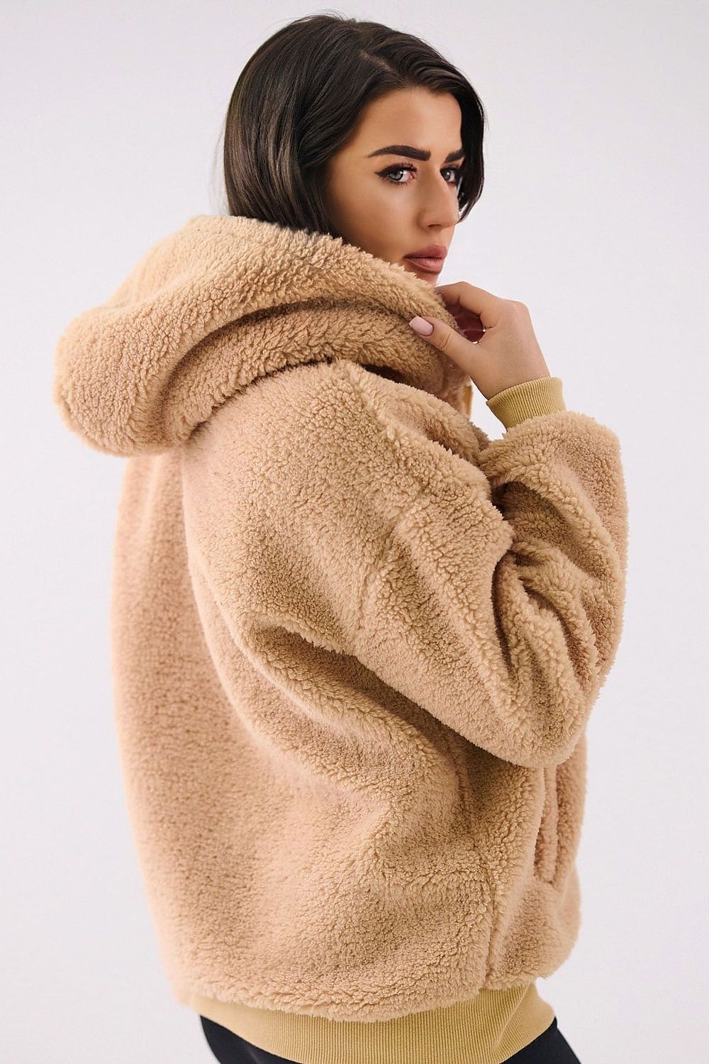 Lammfell Hoodie Damen Reißverschluss Kapuze Polyester