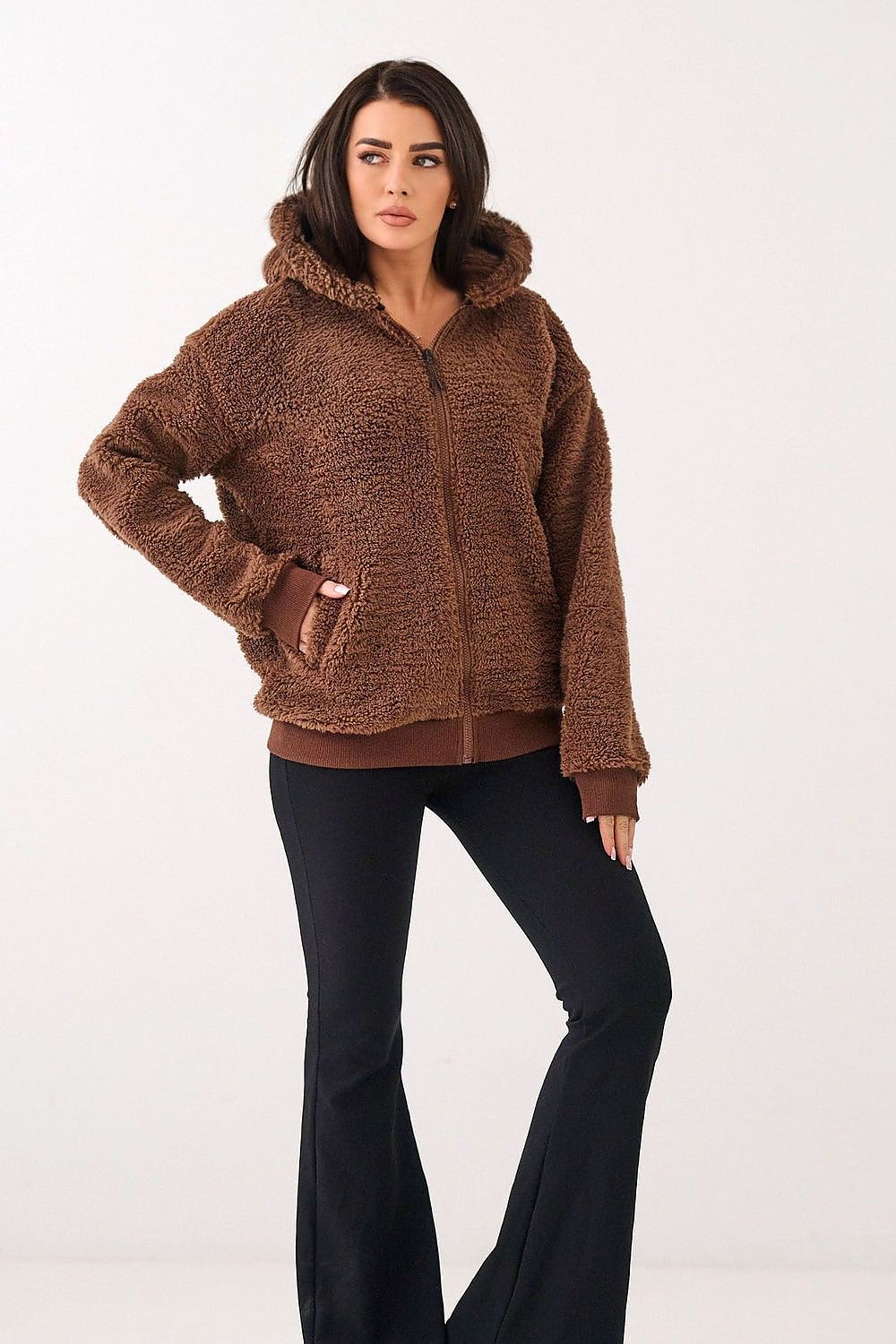 Lammfell Hoodie Damen Reißverschluss Kapuze Polyester