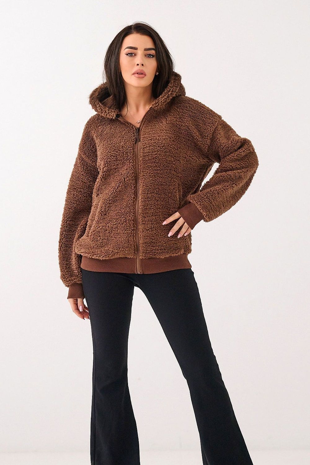 Lammfell Hoodie Damen Reißverschluss Kapuze Polyester