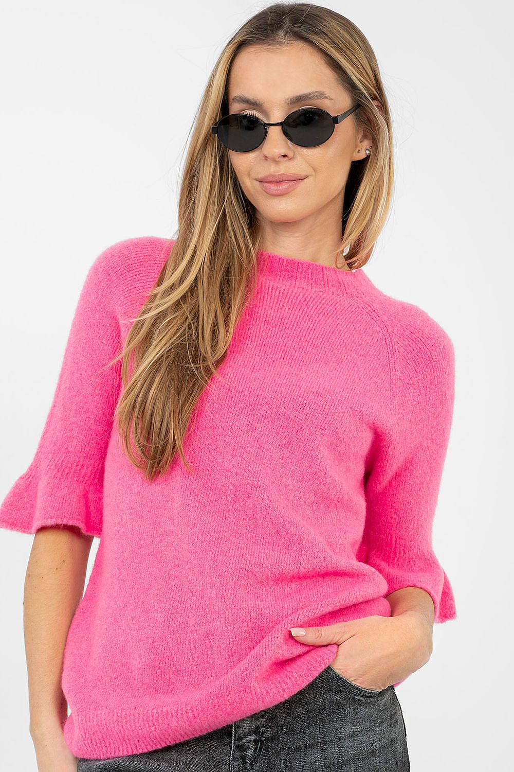 Pullover Damen Alpaka-Mix Rüschenarm Rundhals Universalgröße