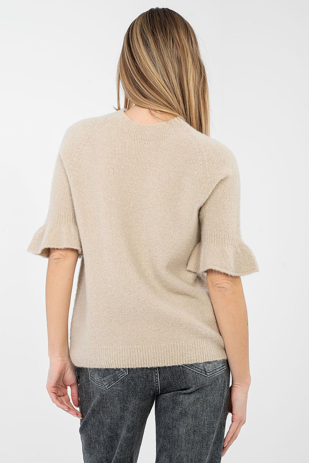 Pullover Damen Alpaka-Mix Rüschenarm Rundhals Universalgröße