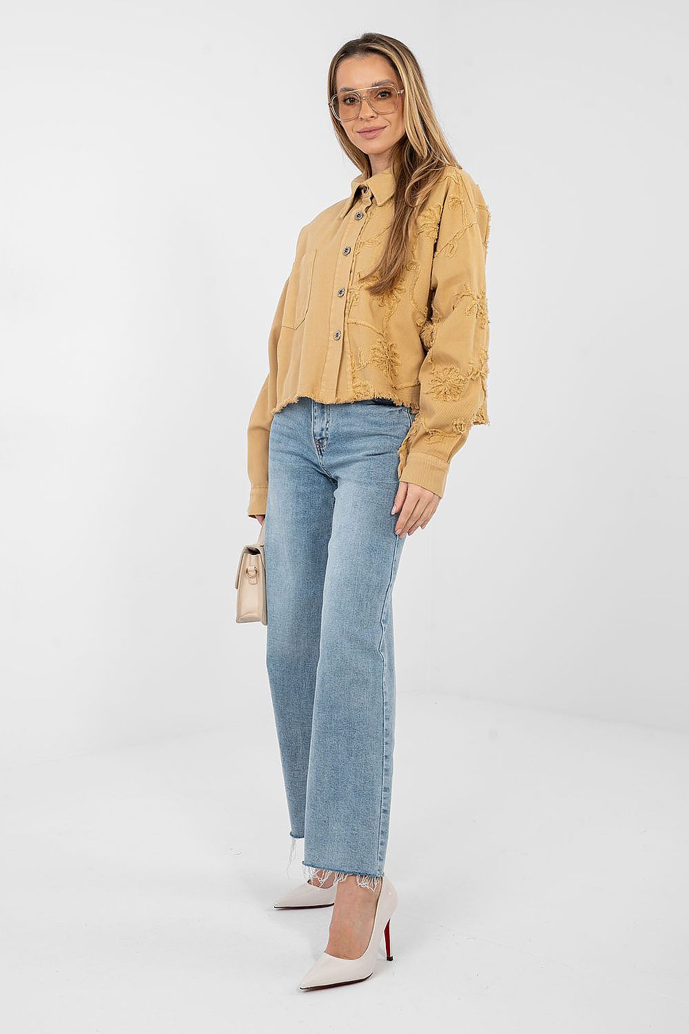 Jeansjacke Damen Kurz Fransen - Bestickte Blumen Baumwolle