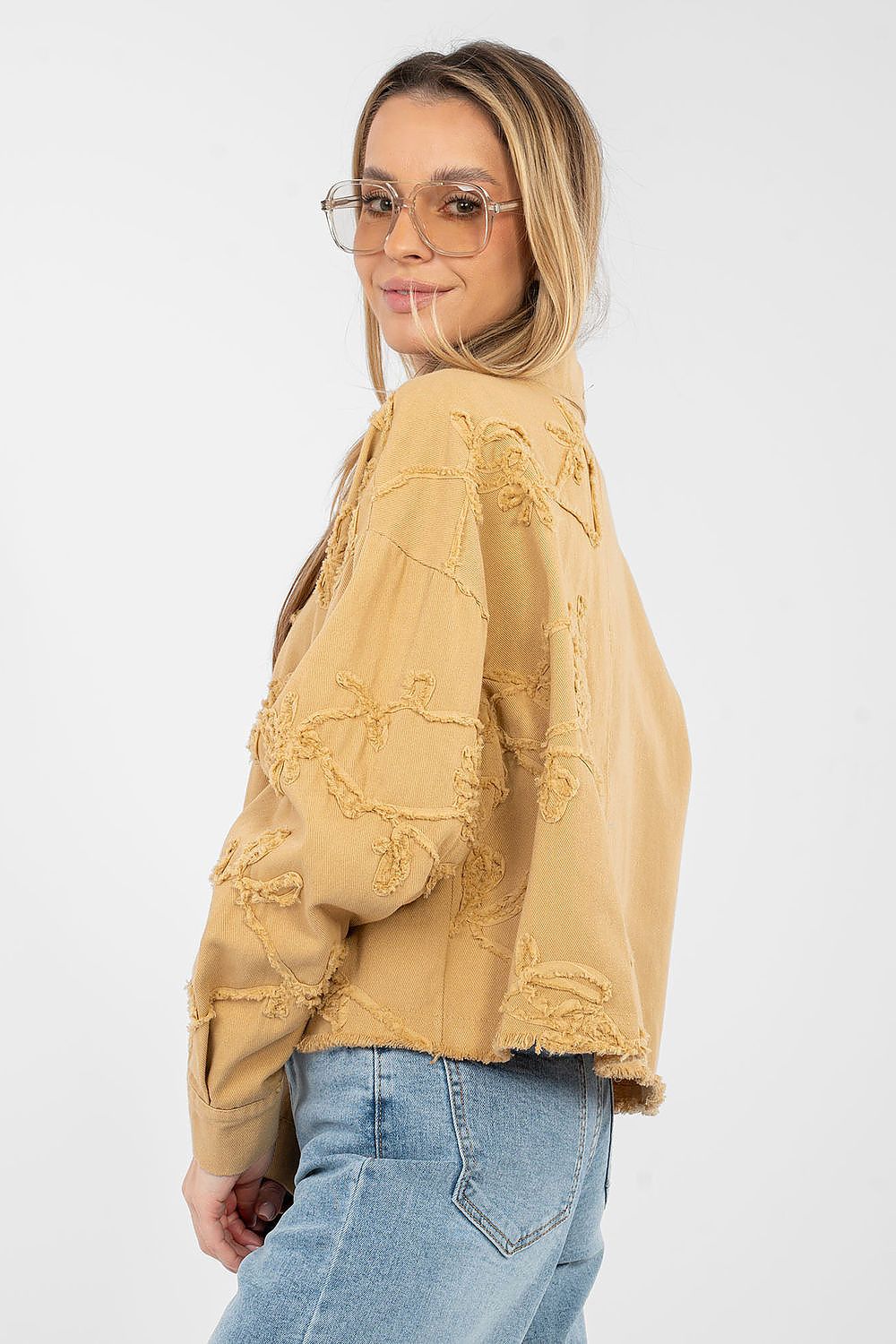 Jeansjacke Damen Kurz Fransen - Bestickte Blumen Baumwolle