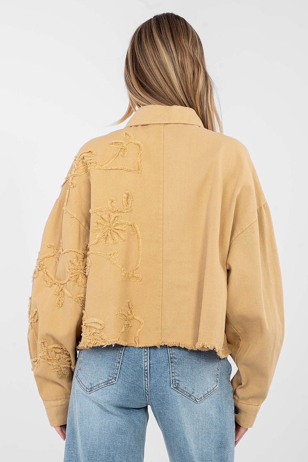 Jeansjacke Damen Kurz Fransen - Bestickte Blumen Baumwolle