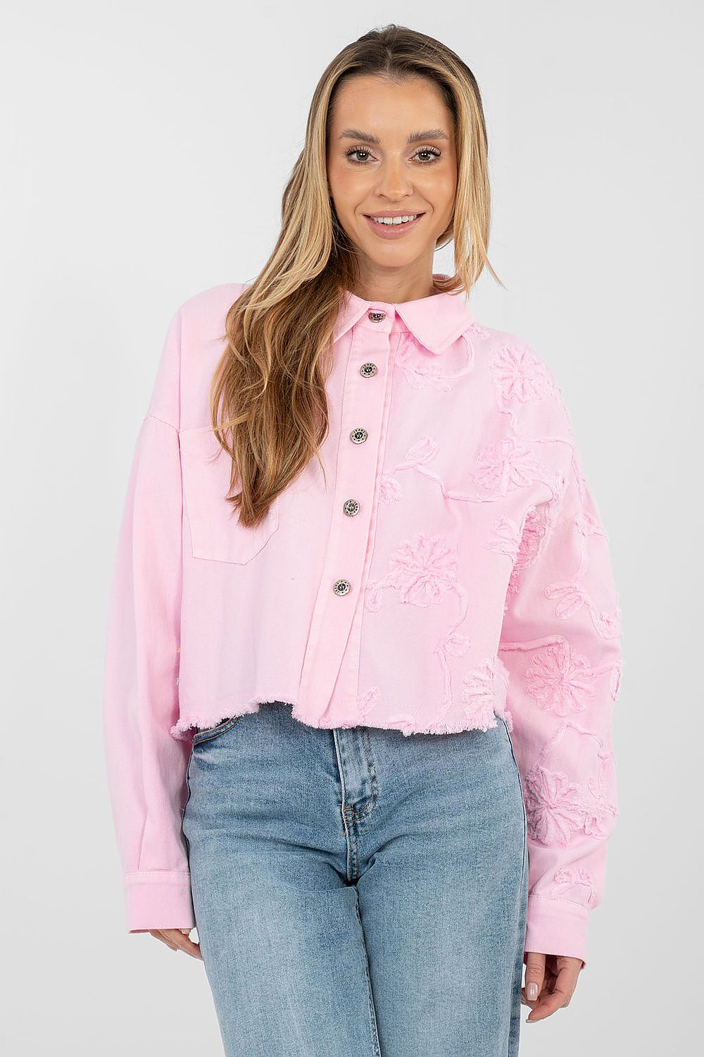 Jeansjacke Damen Kurz Fransen - Bestickte Blumen Baumwolle
