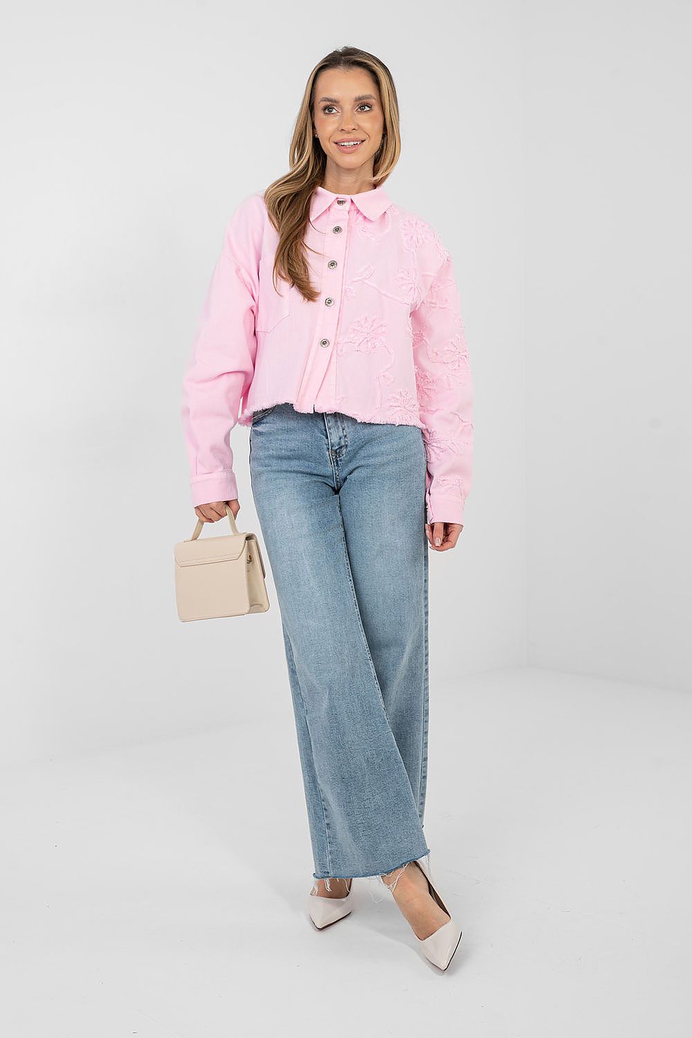 Jeansjacke Damen Kurz Fransen - Bestickte Blumen Baumwolle
