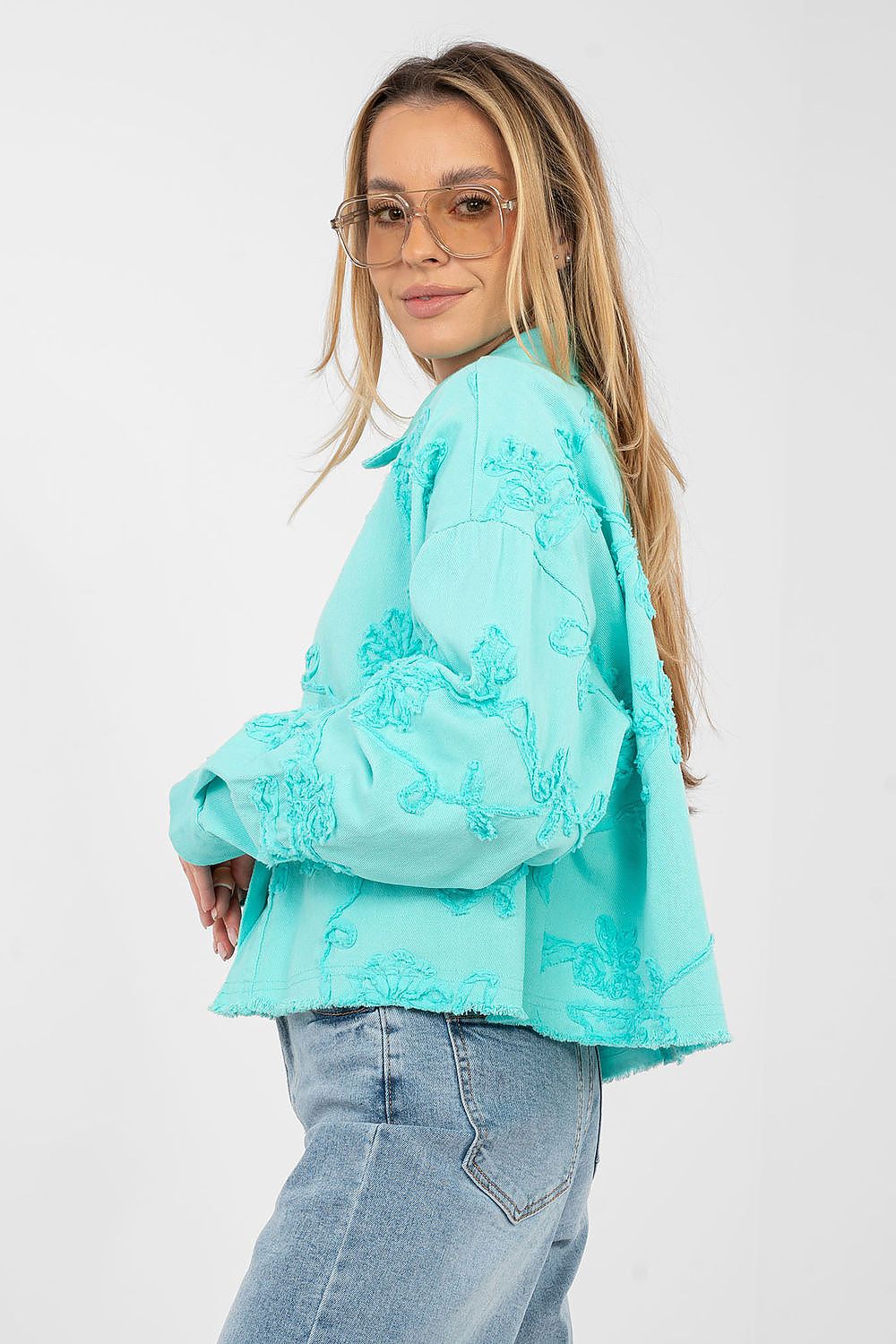 Jeansjacke Damen Kurz Fransen - Bestickte Blumen Baumwolle