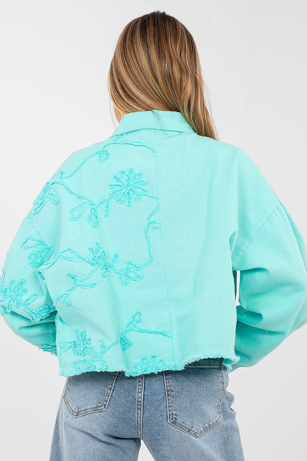 Jeansjacke Damen Kurz Fransen - Bestickte Blumen Baumwolle