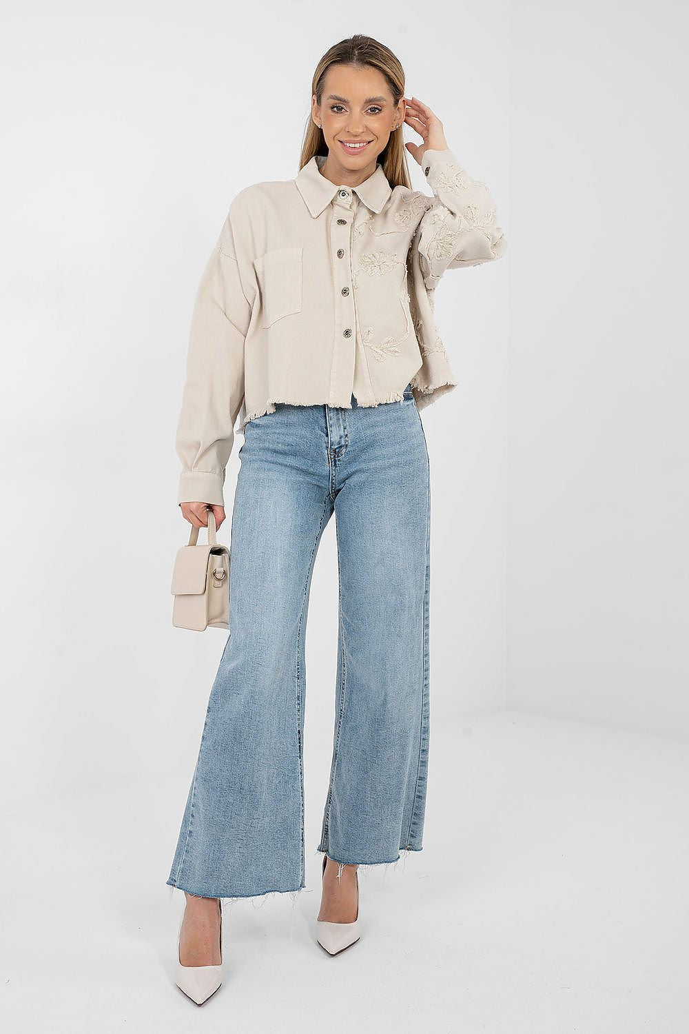 Jeansjacke Damen Kurz Fransen - Bestickte Blumen Baumwolle
