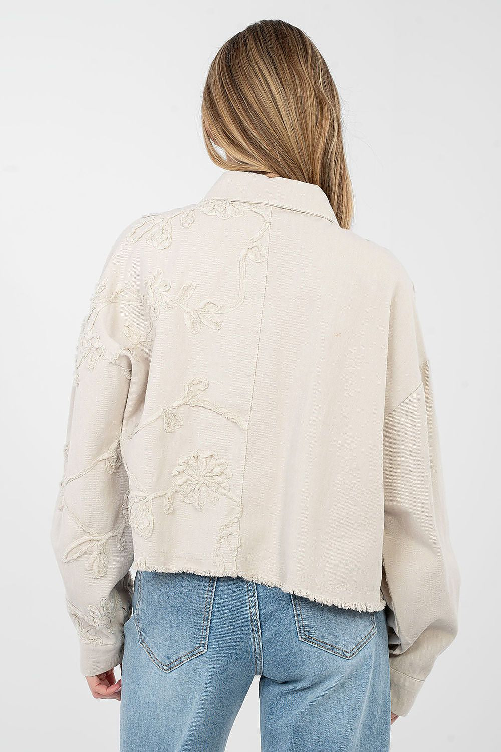 Jeansjacke Damen Kurz Fransen - Bestickte Blumen Baumwolle