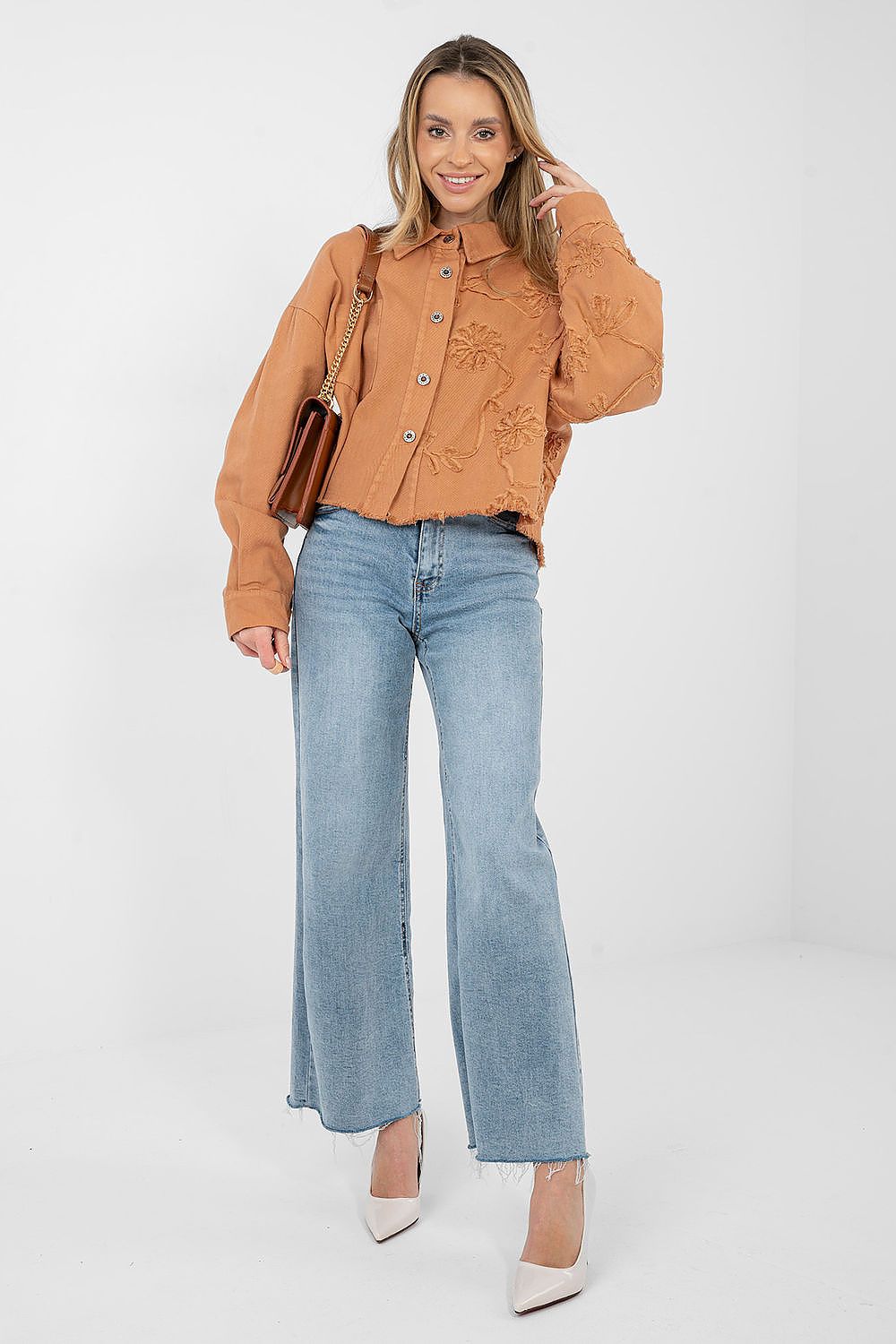Jeansjacke Damen Kurz Fransen - Bestickte Blumen Baumwolle