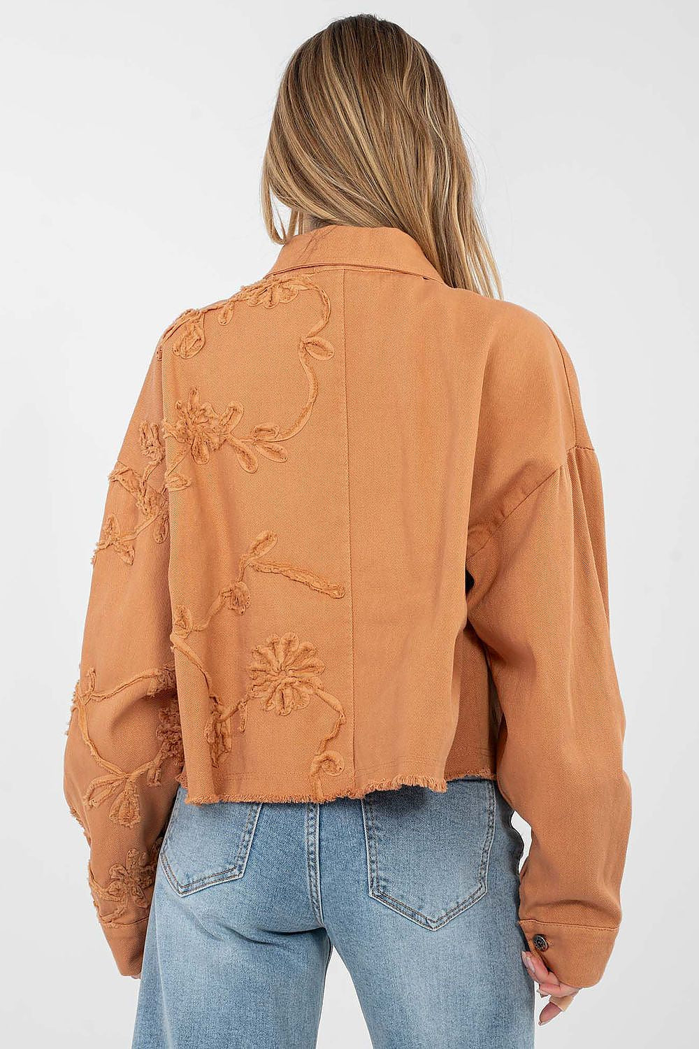 Jeansjacke Damen Kurz Fransen - Bestickte Blumen Baumwolle