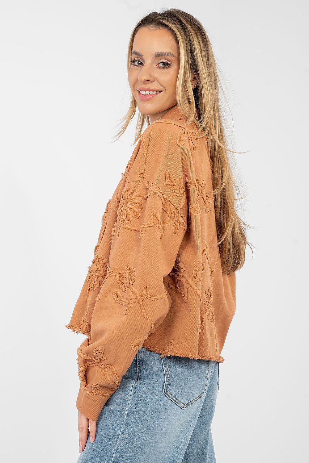 Jeansjacke Damen Kurz Fransen - Bestickte Blumen Baumwolle