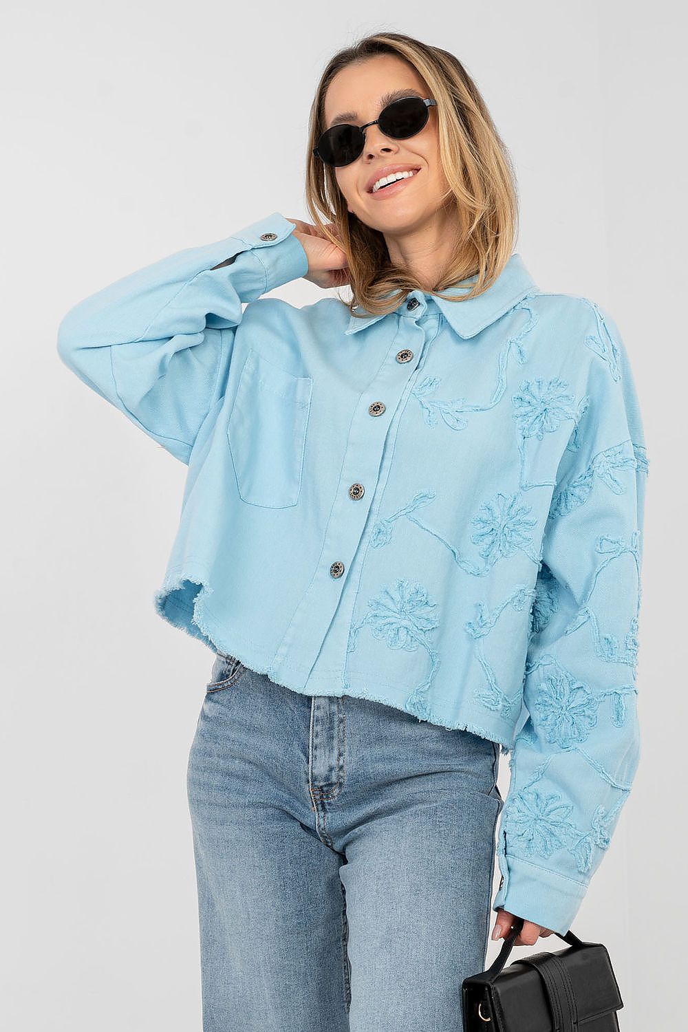 Jeansjacke Damen Kurz Fransen - Bestickte Blumen Baumwolle