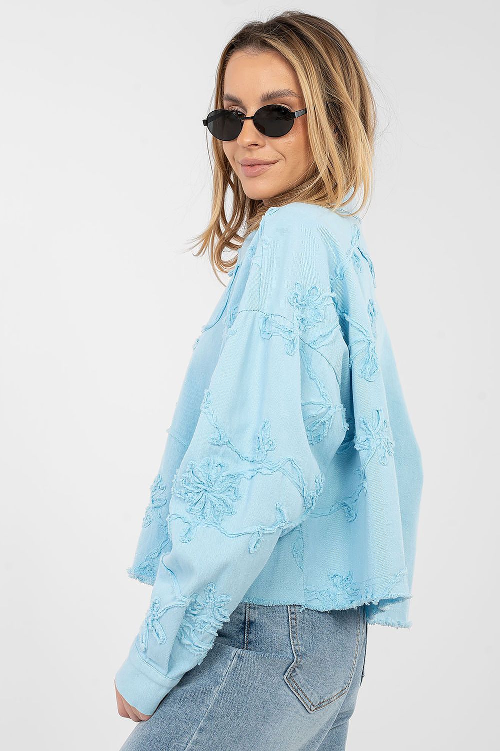 Jeansjacke Damen Kurz Fransen - Bestickte Blumen Baumwolle