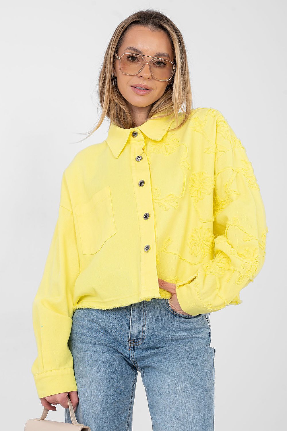 Jeansjacke Damen Kurz Fransen - Bestickte Blumen Baumwolle