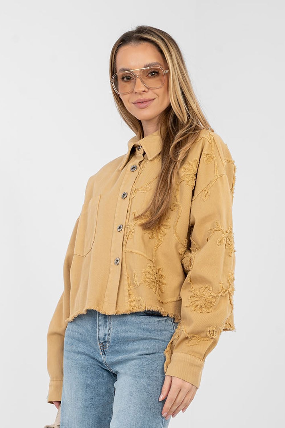 Jeansjacke Damen Kurz Fransen - Bestickte Blumen Baumwolle