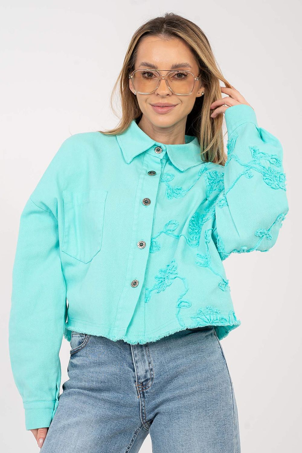 Jeansjacke Damen Kurz Fransen - Bestickte Blumen Baumwolle